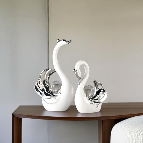XINDAM A Pair of Swan Figurines Swans Statue with Crystal Ball Model Home Office Display Decorative Craft Living Room Decor (White) - Image 5