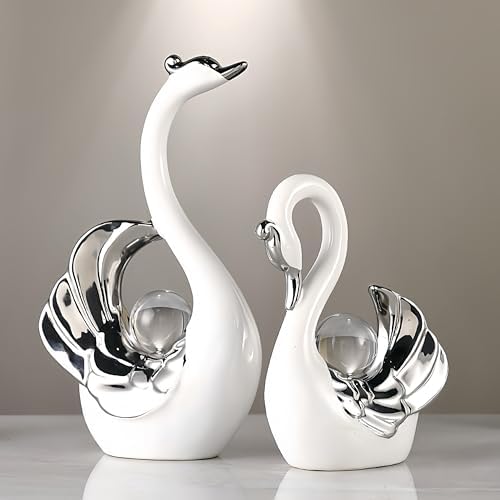 XINDAM A Pair of Swan Figurines Swans Statue with Crystal Ball Model Home Office Display Decorative Craft Living Room Decor (White) - Image 3