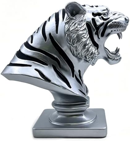 XINDAM 9.6 INCH Tiger Bust Statue Tigers Head Figurine Decorative Home & Office Figurines Home Office Display Craft Living Room Decor Ornaments for Tabletop Silver - Image 5