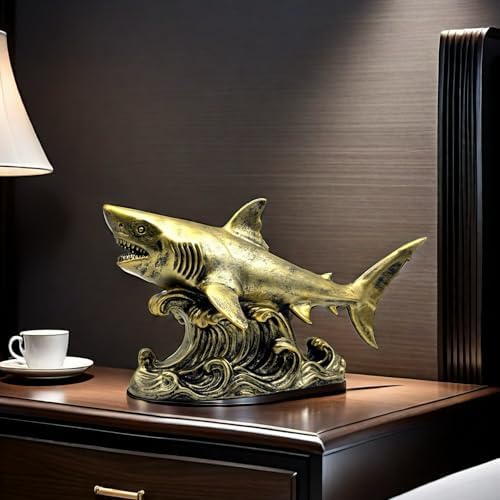 XINDAM Bronze Finish Shark Figurine Gold Statue Decorative Home & Office Resin Figurines Home Office Display Craft Living Room Decor Ornaments for Tabletop - Image 4