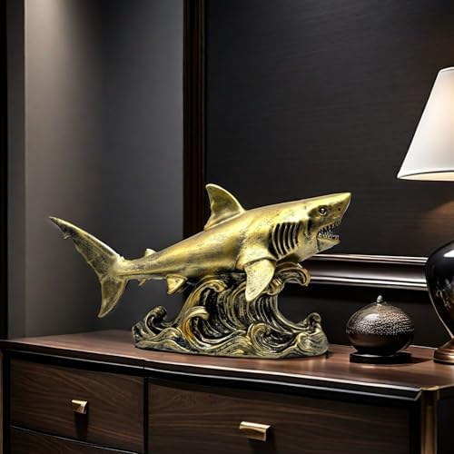 XINDAM Bronze Finish Shark Figurine Gold Statue Decorative Home & Office Resin Figurines Home Office Display Craft Living Room Decor Ornaments for Tabletop - Image 6