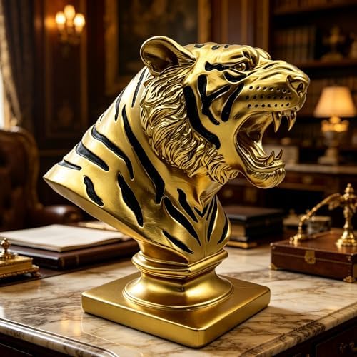 XINDAM 9.6 INCH Tiger Bust Statue Tigers Head Figurine Decorative Home & Office Figurines Home Office Display Craft Living Room Decor Ornaments for Tabletop Gold - Image 7