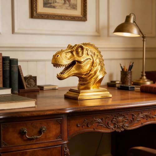 XINDAM Resin Tyrannosaurus Rex Dinosaur Head Bust Statue Decorative Home & Office Resin Figurines Home Office Display Craft Living Room Decor Ornaments for Tabletop Gold - Image 7