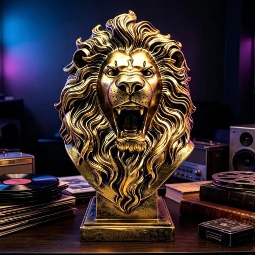 XINDAM 12 INCH Lion Bust Statue Lions Head Figurine Decorative Home & Office Figurines Home Office Display Craft Living Room Decor Ornaments for Tabletop Bronze - Image 2