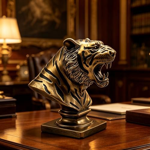 XINDAM 9.6 INCH Tiger Bust Statue Tigers Head Figurine Decorative Home & Office Figurines Home Office Display Craft Living Room Decor Ornaments for Tabletop Bronze - Image 3