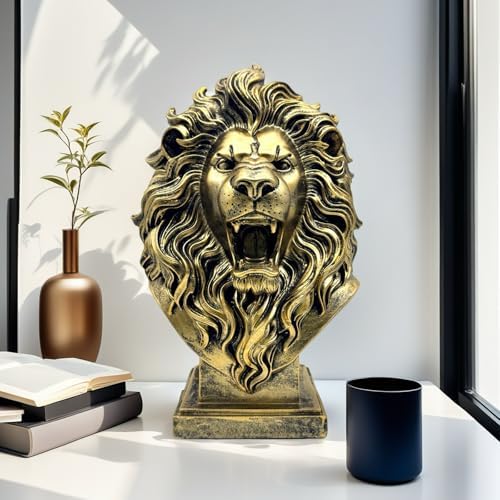 XINDAM 12 INCH Lion Bust Statue Lions Head Figurine Decorative Home & Office Figurines Home Office Display Craft Living Room Decor Ornaments for Tabletop Bronze - Image 6