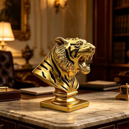 XINDAM 9.6 INCH Tiger Bust Statue Tigers Head Figurine Decorative Home & Office Figurines Home Office Display Craft Living Room Decor Ornaments for Tabletop Gold - Image 6