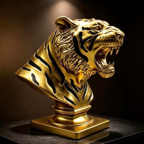 XINDAM 9.6 INCH Tiger Bust Statue Tigers Head Figurine Decorative Home & Office Figurines Home Office Display Craft Living Room Decor Ornaments for Tabletop Gold - Image 2