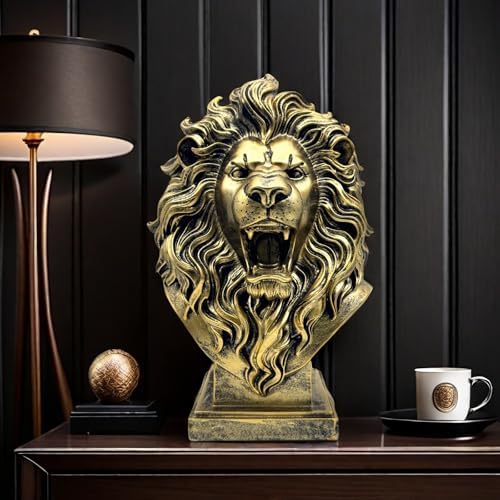 XINDAM 12 INCH Lion Bust Statue Lions Head Figurine Decorative Home & Office Figurines Home Office Display Craft Living Room Decor Ornaments for Tabletop Bronze - Image 4