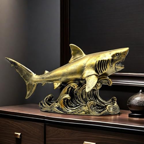 XINDAM Bronze Finish Shark Figurine Gold Statue Decorative Home & Office Resin Figurines Home Office Display Craft Living Room Decor Ornaments for Tabletop - Image 2