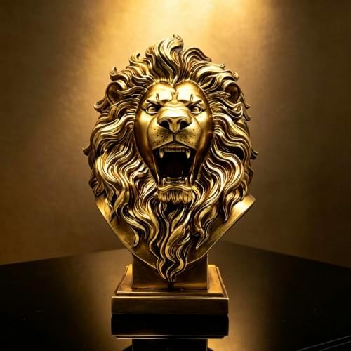 XINDAM 12 INCH Lion Bust Statue Lions Head Figurine Decorative Home & Office Figurines Home Office Display Craft Living Room Decor Ornaments for Tabletop Gold - Image 3
