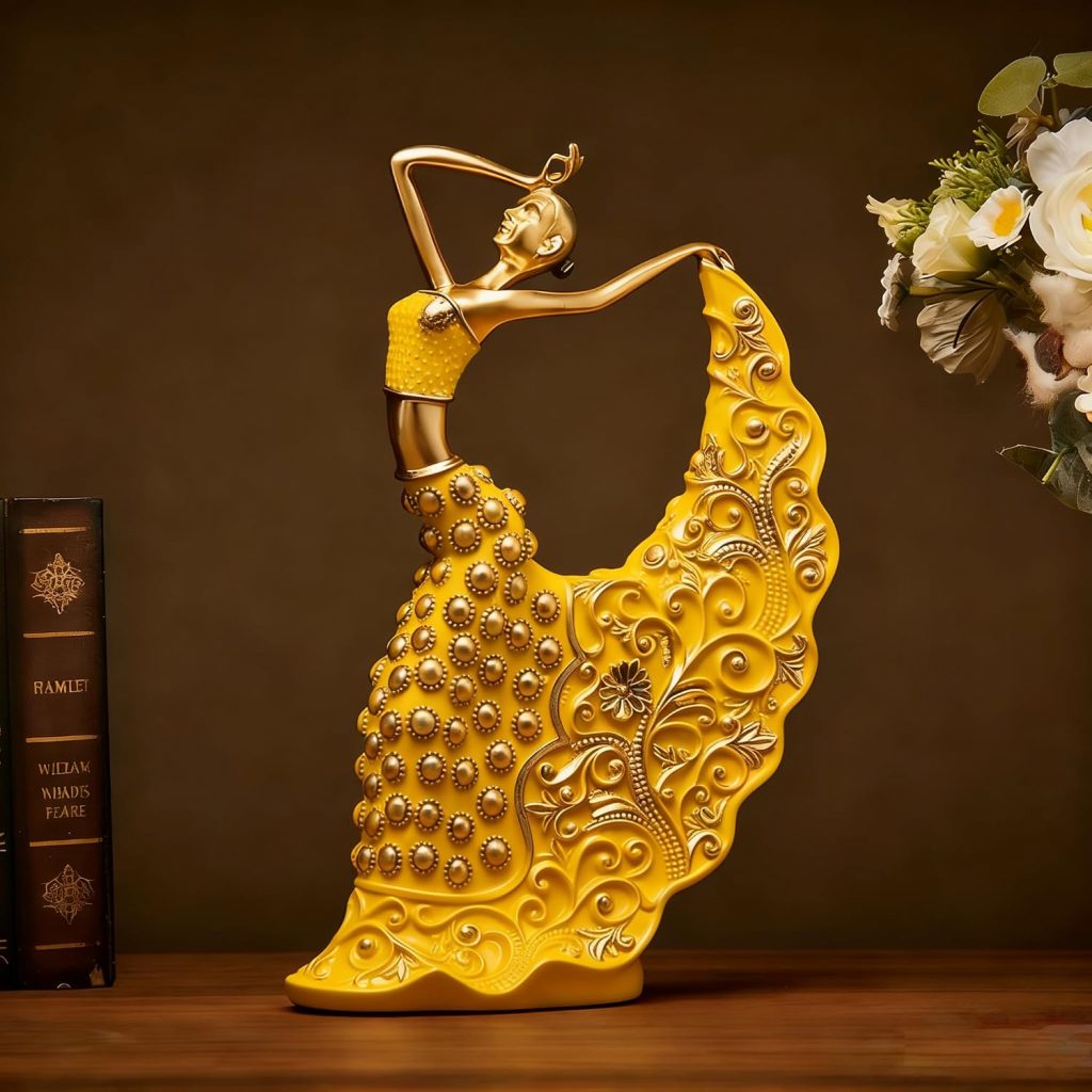 XINDAM Elegant Peacock Art Figurine Dancer Statue Decorative Home & Office Figurines Home Office Display Craft Living Room Decor Ornaments for Tabletop Yellow and Gold
