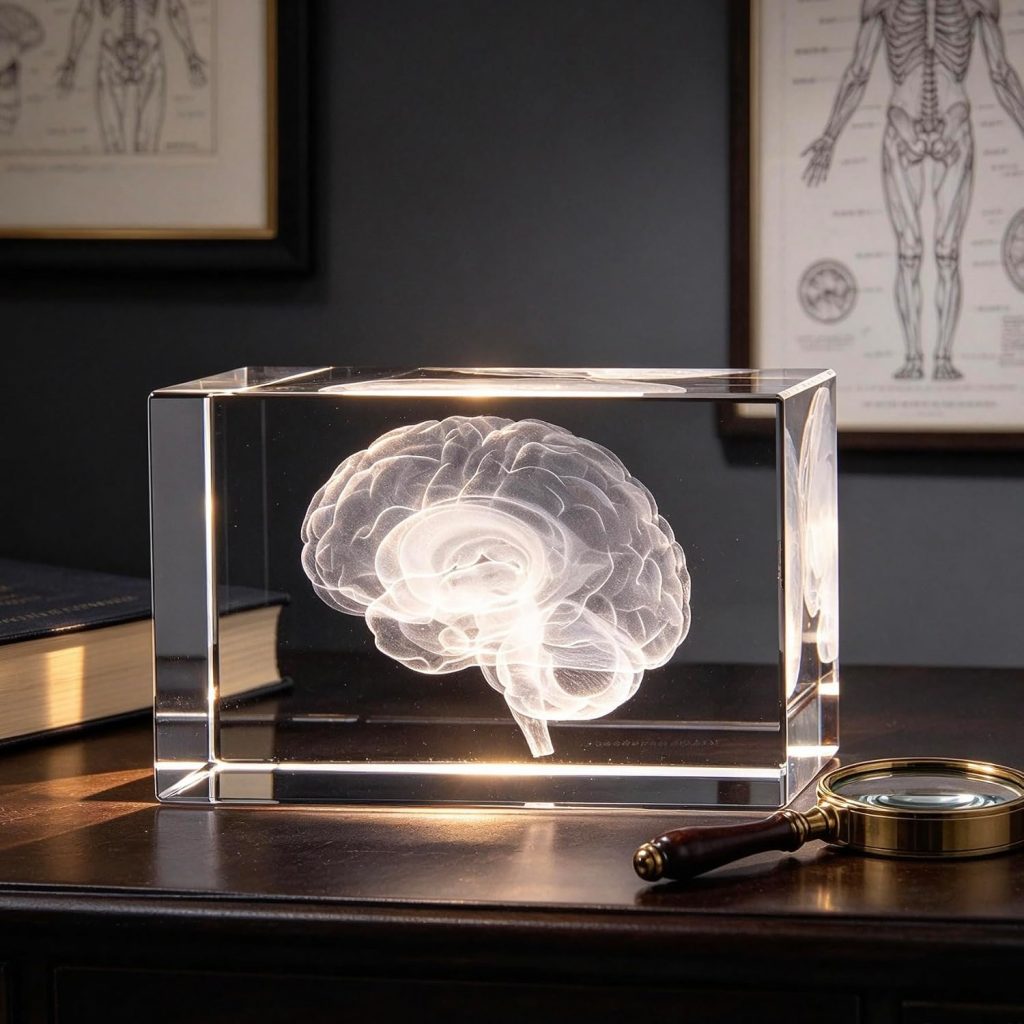 3D Human Brain Anatomical Model Paperweight(Laser Etched) in Crystal Glass Cube Science Gift (No Included LED Base)(3.1x2x2 inch)