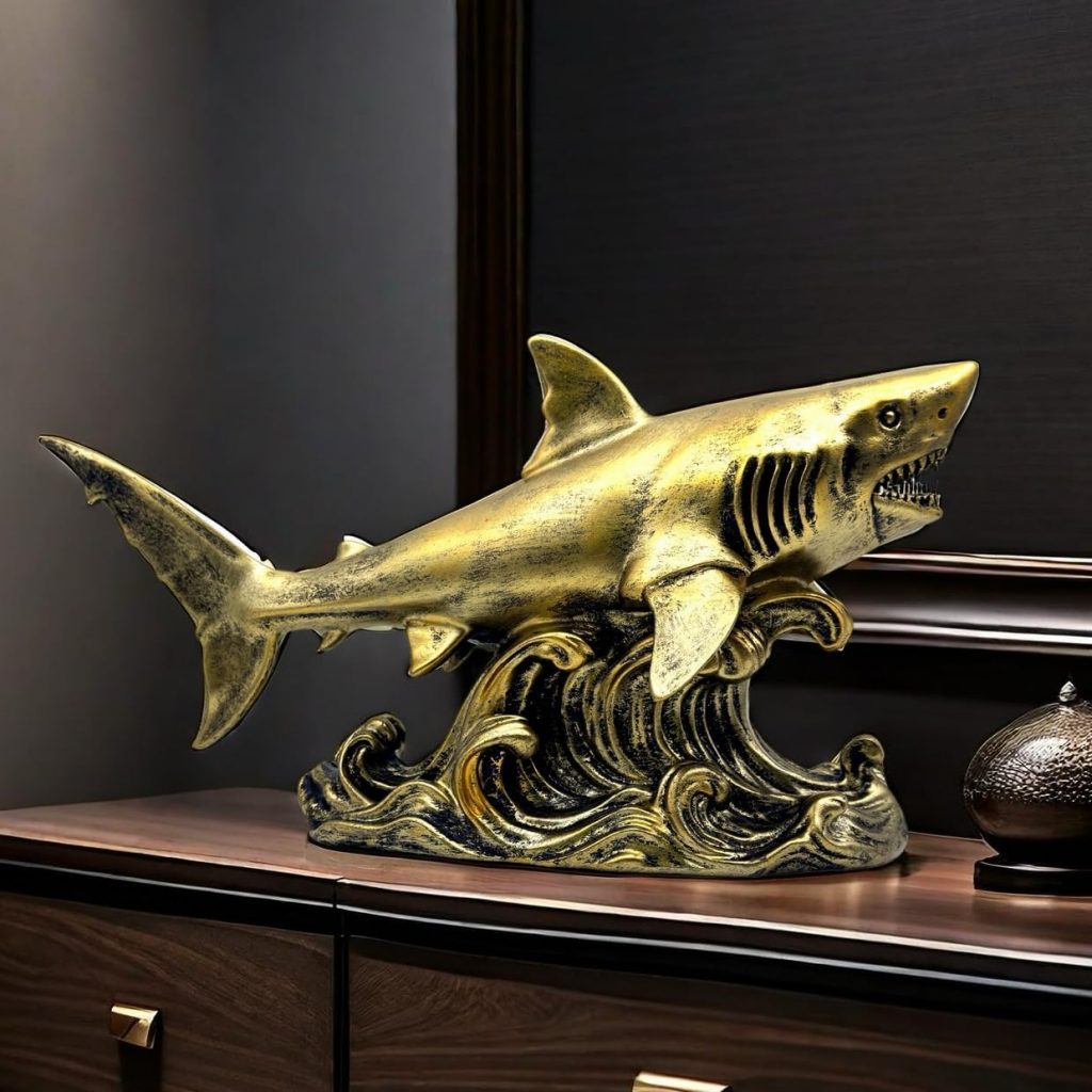 XINDAM Bronze Finish Shark Figurine Gold Statue Decorative Home & Office Resin Figurines Home Office Display Craft Living Room Decor Ornaments for Tabletop