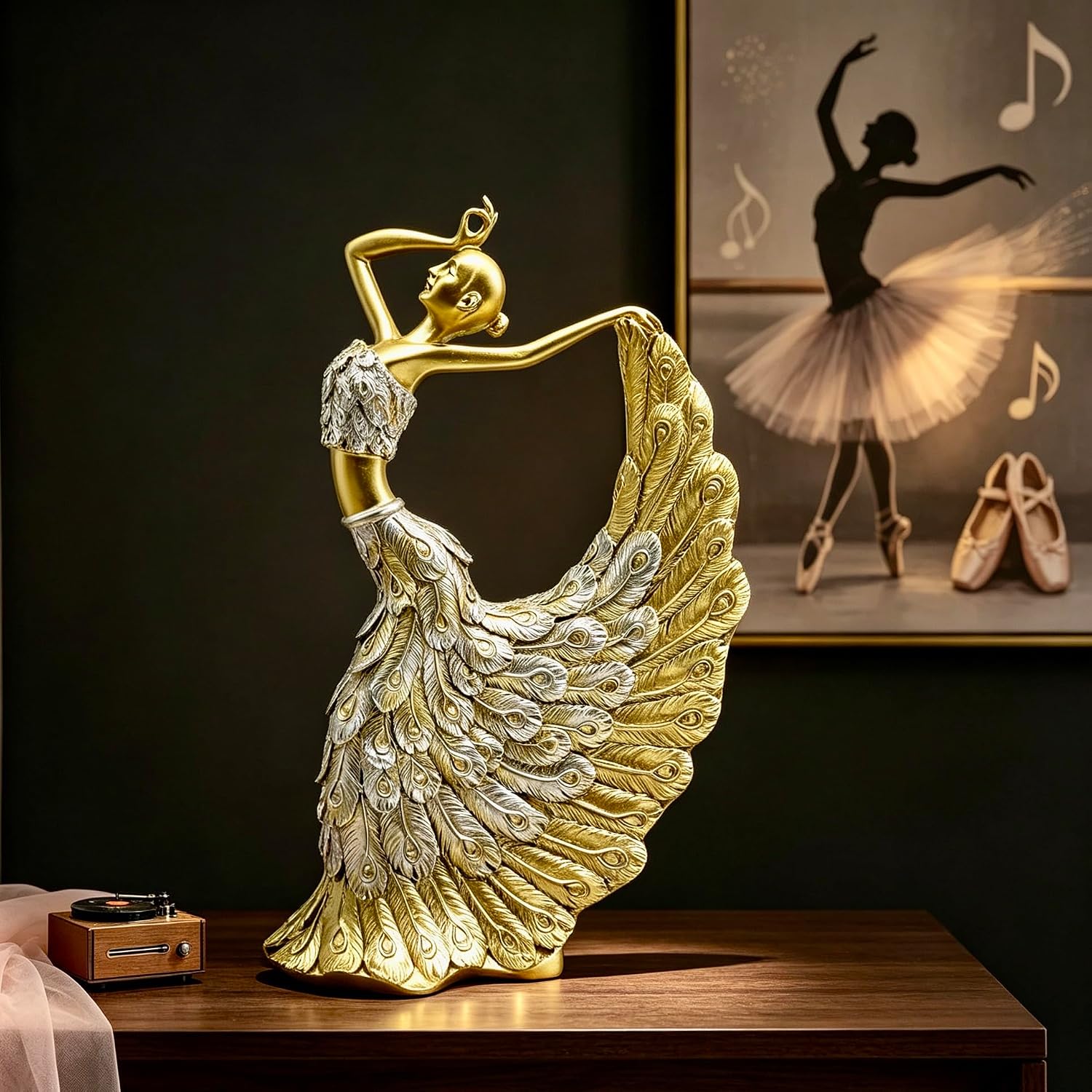 XINDAM Elegant Peacock Art Figurine Dancer Statue Decorative Home & Office Figurines Home Office Display Craft Living Room Decor Ornaments for Tabletop