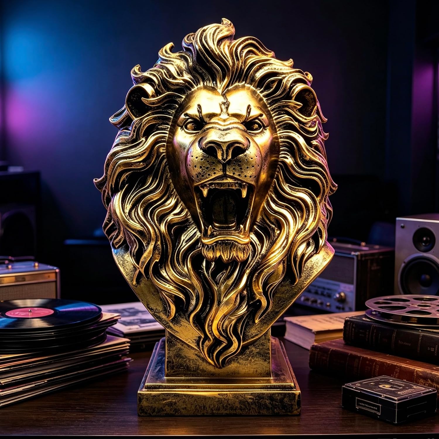 XINDAM 12 INCH Lion Bust Statue Lions Head Figurine Decorative Home & Office Figurines Home Office Display Craft Living Room Decor Ornaments for Tabletop Bronze