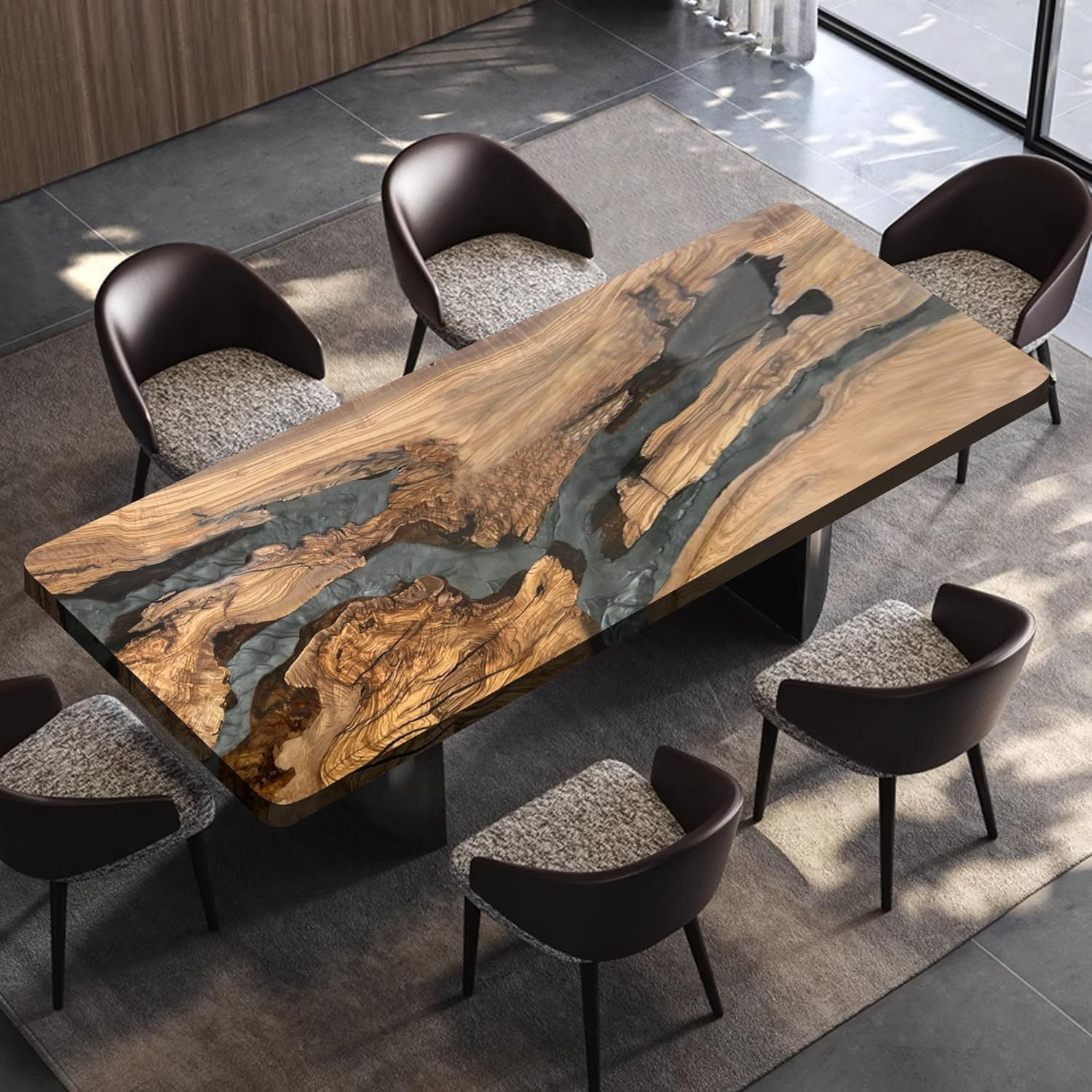Olive Wood Custom Epoxy Resin Dining Table, Ocean Wave, River, Solid Wood Indoor Modern Kitchen Table Furniture for Dining Room