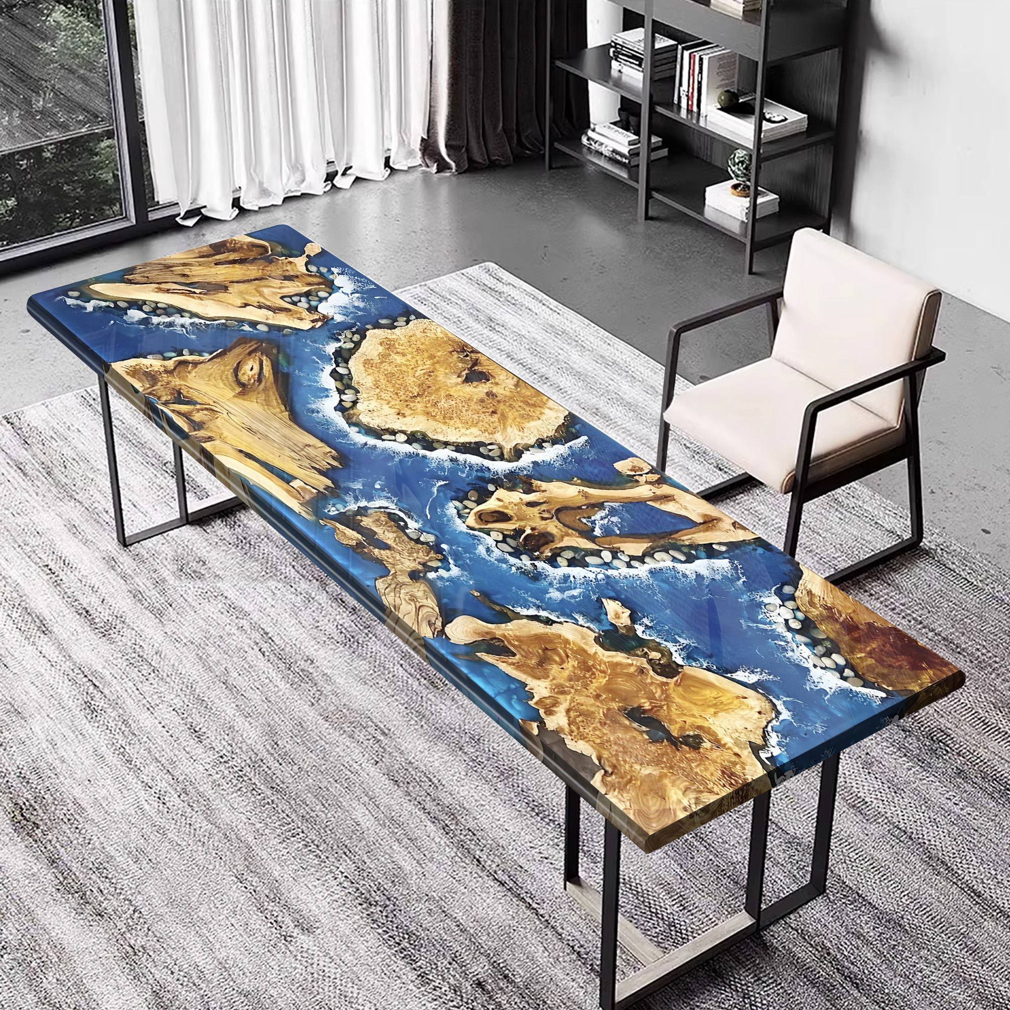 Aspen Wood Table 84" L x 42" W, Executive Desk, Custom Large Epoxy River Table, Solid Wood Slabs Table, Large Computer Office Desk Workstation, Business Furniture for Home Office (ERT24010)